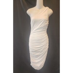 White One Shoulder Ruched Bodycon Cocktail Dress Womens S Asymmetrical Mini NWT